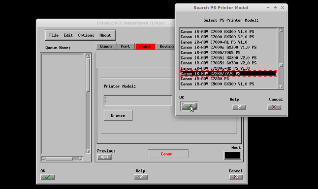Select printer model screenshot